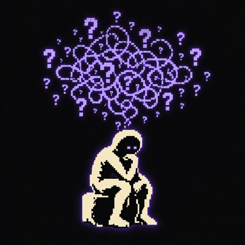 The thinker under a cloud of tangled lilac question marks, every one of them urgent